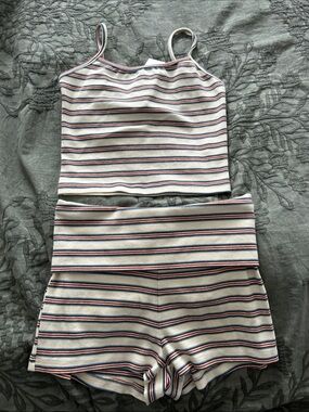 Hazel Boutique Striped Cream & Navy Two-Piece Tank and Shorts Set